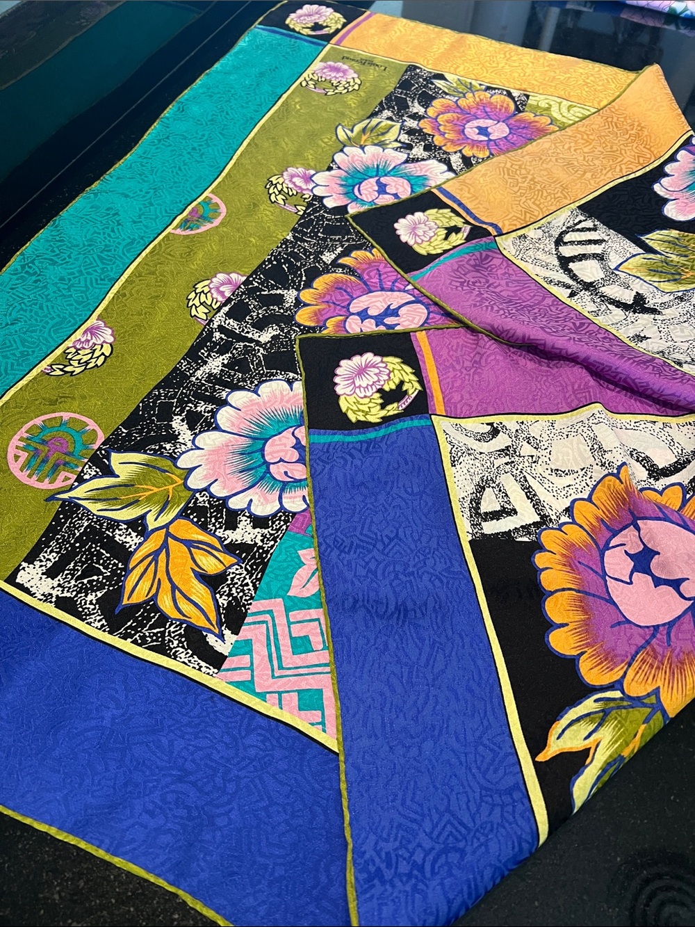 Vintage Louis Féraud Paris 34” Silk Scarf Floral Geometric Jewel Tone Square